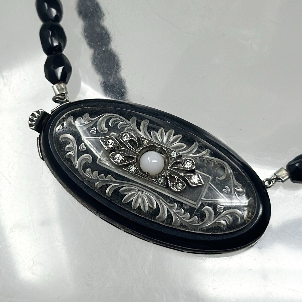 Vintage Art Deco 14” Black Glass French Jet Beaded Ornate Silver Tone Necklace