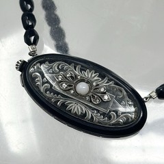 Vintage Art Deco 14” Black Glass French Jet Beaded Ornate Silver Tone Necklace