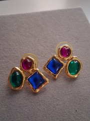 1980s bold runway earrings, glass cabochon trio, geometric, asymmetrical
