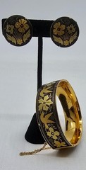 Vintage Damascene Hinged Bracelet & Clip-On Earrings Jewelry Set Black & Gold
