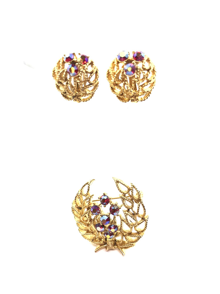 Vintage Lisner Signed Goldtone Brooch and Clip Earrings Rhinestone AB Set