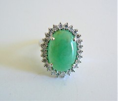 Light Green 14K Gold Cabochon Jadeite Jade Diamond Ring Vintage Estate Gift Idea