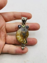 Vintage Sterling Silver 925 Peridot Smoky Topaz Gemstone Ammonite Fossil Pendant