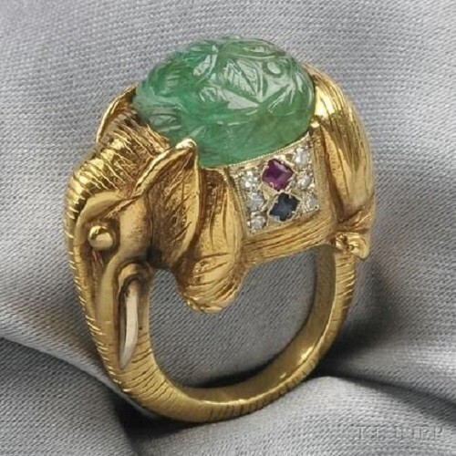 18kt Gold Plated Carved Emerald and Gem-set Elephant Ring Antique Jewelry Size 6