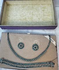 VTG B. David Faux-Emerald Rhinestone F Seed Pearl Necklace Earrings Bracelet SET