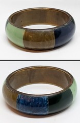Vintage Chunky Brass Bangle Bracelet Color Block Resin Inlay Green Blue Brown