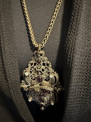 12.71 Vintage Gothic Filigree Pendant Necklace Purple Glass Rhinestone Statement