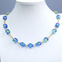 Uranium Necklace 18” Vaseline Blue Glass Czech Vintage Beads Women`s Jewelry
