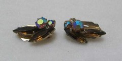 Vtg 2 Amber Marquise Shape 2 Aurora Borealis Round Rhinestones Clip Earrings
