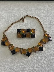 Vintage Juliana D&E Amber And Black Rhinestone Necklace Earring Set