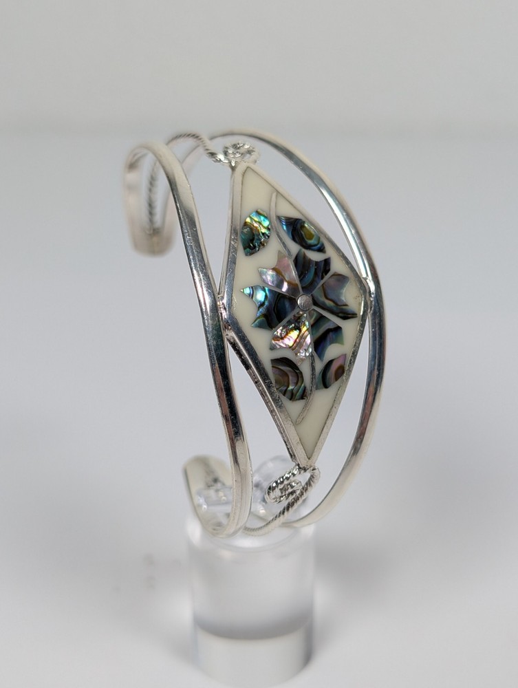 Vtg Alpaca Mexico Cuff Bracelet MOP Abalone Shell Inlay Silver Tone 1980s NOS