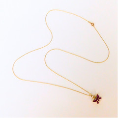 Vintage Ruby and Diamond 10k Gold Butterfly Necklace, July Birthday, Petite, 90s