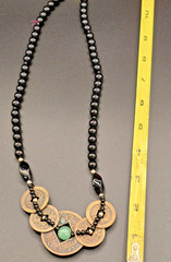 Chinese 5 FULU Coin 23″ Necklace w/Black Onyx/Obsidian Beads & Center Jade Stone
