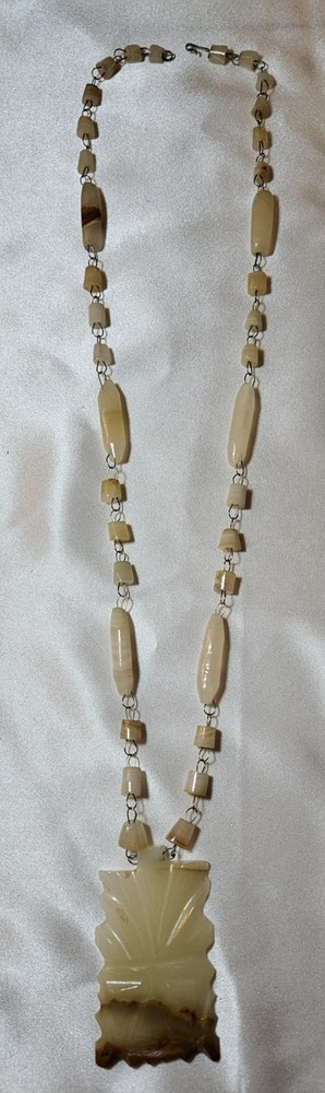 Vintage Carved Alabaster Stone Tribal Pendant Necklace