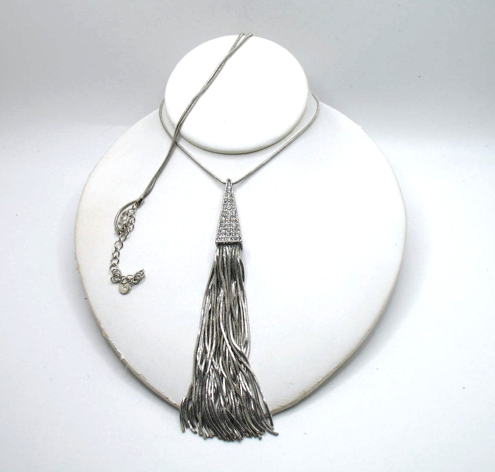 Vintage RJ Graziano 30″ Art Deco style rhinestone pave tassel pendant necklace