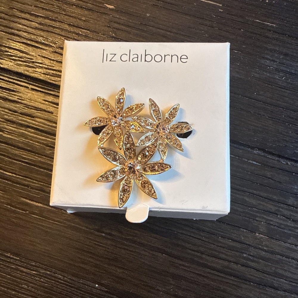 Vintage Liz Claiborne GoldTone Three Flower Champagne Rhinestones Pin Brooch NIB