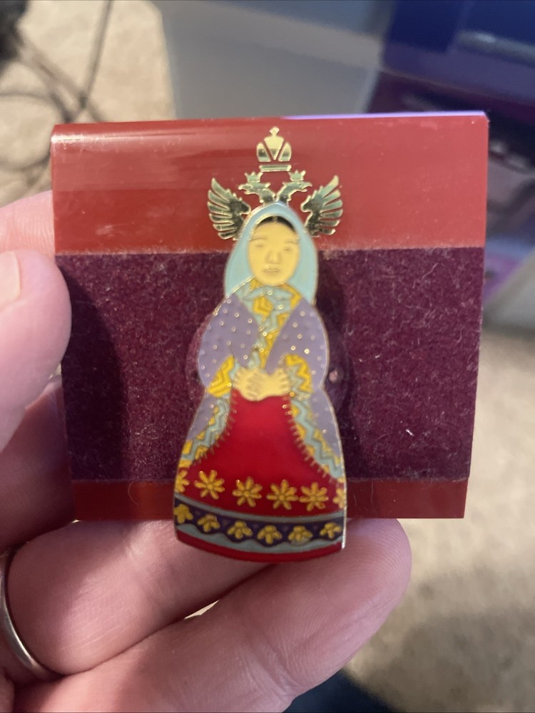 Vintage Babushka, Russian Colorful Enamel On Gold Colored Metal Lapel Pin Brooch