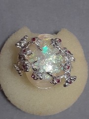 Opalite cabochon ring W/cherry blossom design silvertone metal red stones size 6