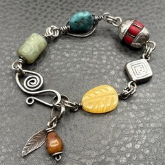 800 Silver Feather Charm Link Bracelet Turquoise Jade Coral Boho 8”