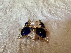 VTG Jomaz Gold Tone Oval Faux Lapis Stones And Pave Rhinestones Starburst Brooch