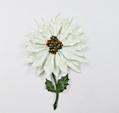 Vintage Enameled Metal White Poinsettia Flower Brooch Christmas Holiday 5”