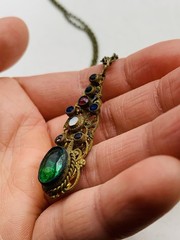 Vintage Gothic Green Colorful Rhinestone Filigree Cutout Bronze Tone Necklace