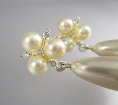 Classy Vtg 1 1/4″ Faux Pearl Dangling Cluster Clear Crystal Post Earrings 195G