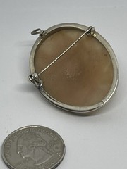 Vintage Carved Shell Rose Cameo Brooch Pendant High Relief 800 Silver Frame