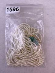 Multi-Strand Seed Pearl Necklace Green Carved Stone Centerpiece Gold Tone