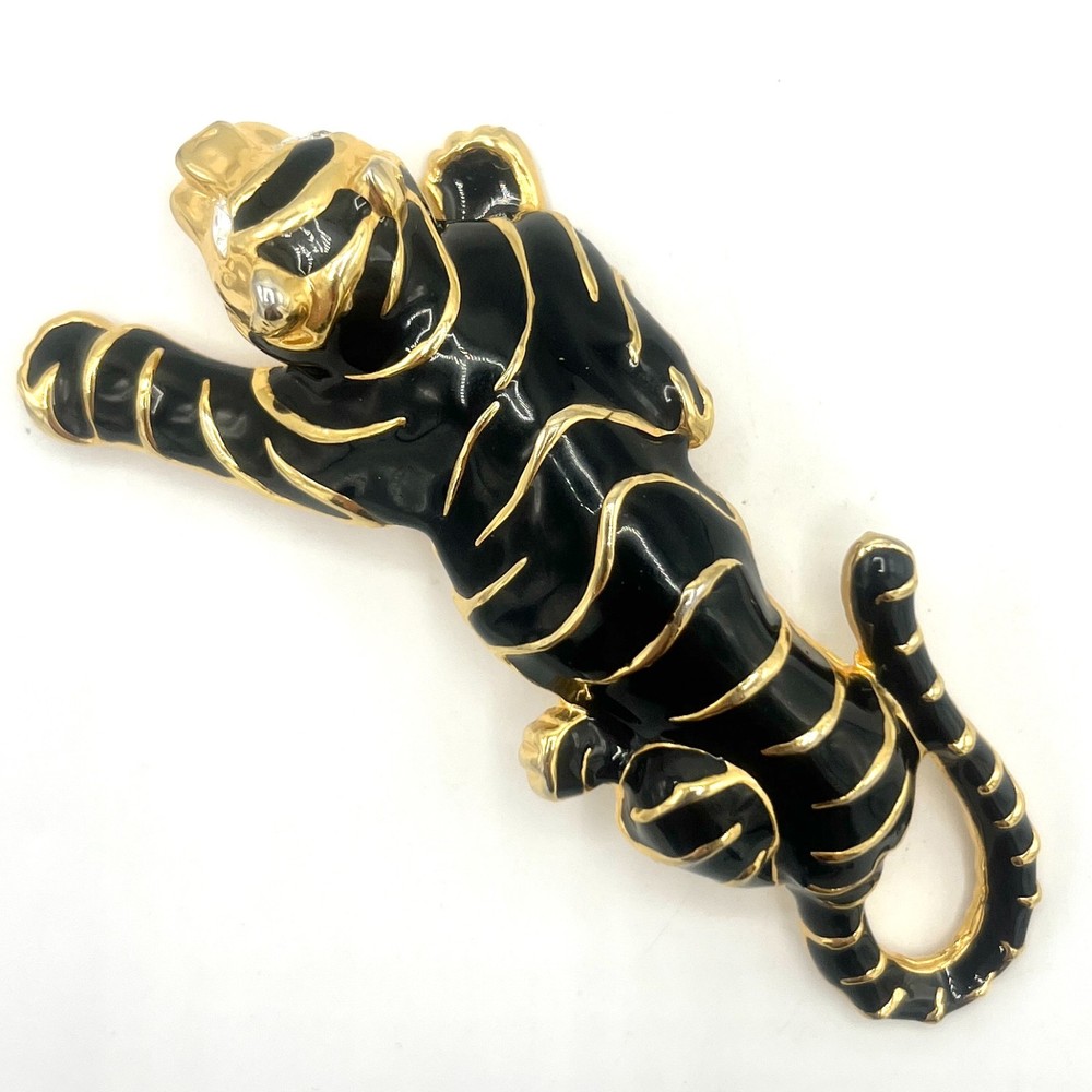 Vintage Black Enamel Tiger/Panther Brooch With Clear Rhinestone Eyes – 4.25″