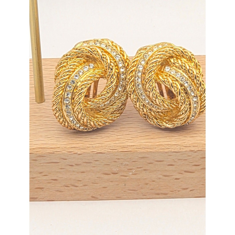 Vintage Christian Dior Rhinestone Rope Twist Knot Clip On Earrings Gold Tone
