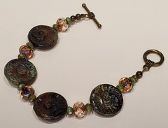 VTG Colorful Glass Beads Brass Toggle Bracelet Boho Art Glass Ammonite Fossils