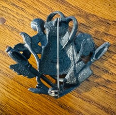 Signed AJC Gardener Brooch Watering Can & Shovel Pewter Tone Figural Pin Vintage