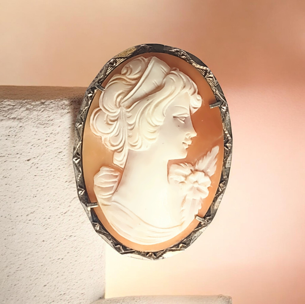 Vintage Hand-Carved Shell Cameo Brooch/Pendant Set in 800 Silver – Free Shipping