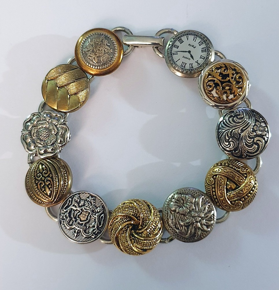 Vintage Silver/Gold/Brass/Copper Assorted Metal Button/Paris Watch Face Bracelet