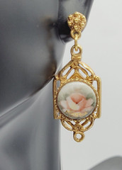 Art Deco Hand Painted Signed Rose Gold Tone Victorian Frame MCM Pierced Earrings