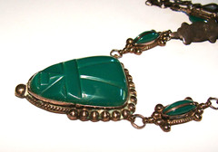 Vintage Mexico Sterling Silver Green Onyx Aztec Warrior Face 17″ Necklace 51.8g