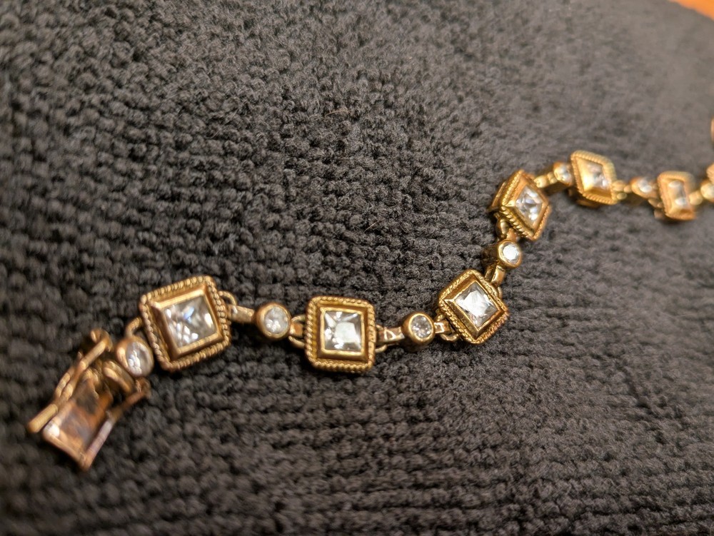Sterling Silver Gold Plated CZ Link Bracelet Square Bezel Milgrain 7.5″ 16g