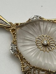 14K Solid Gold Art Deco Camphor Glass Diamond Filigree Pendant Brooch Pin 1.5″