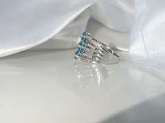 Sterling Silver 925 Natural Heated Blue Topaz Multi Row Statement Ring Size 11