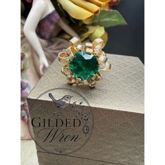 Vintage 14K Gold Hollywood Regency Ribbon Ring | Simulated Emerald 9.28g Sz 6.5
