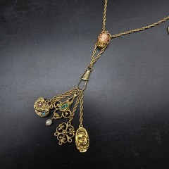 Etruscan Revival Charm Necklace Watch Fob Gold Tone Cameo Goldette Style