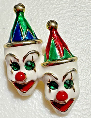 Vintage Enamel Double Clown Brooch Green Rhinestone Eyes Circus Carnival Pin