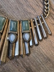 Vtg Rustic Metal & Stone Beaded Fringe Bib Statement Chain Necklace