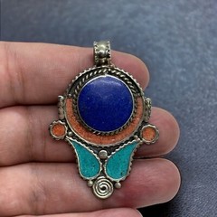 Tibetan Nepal Jewelry Ethnic Handmade Turquoise Coral Lapis Nice Brass Pendant