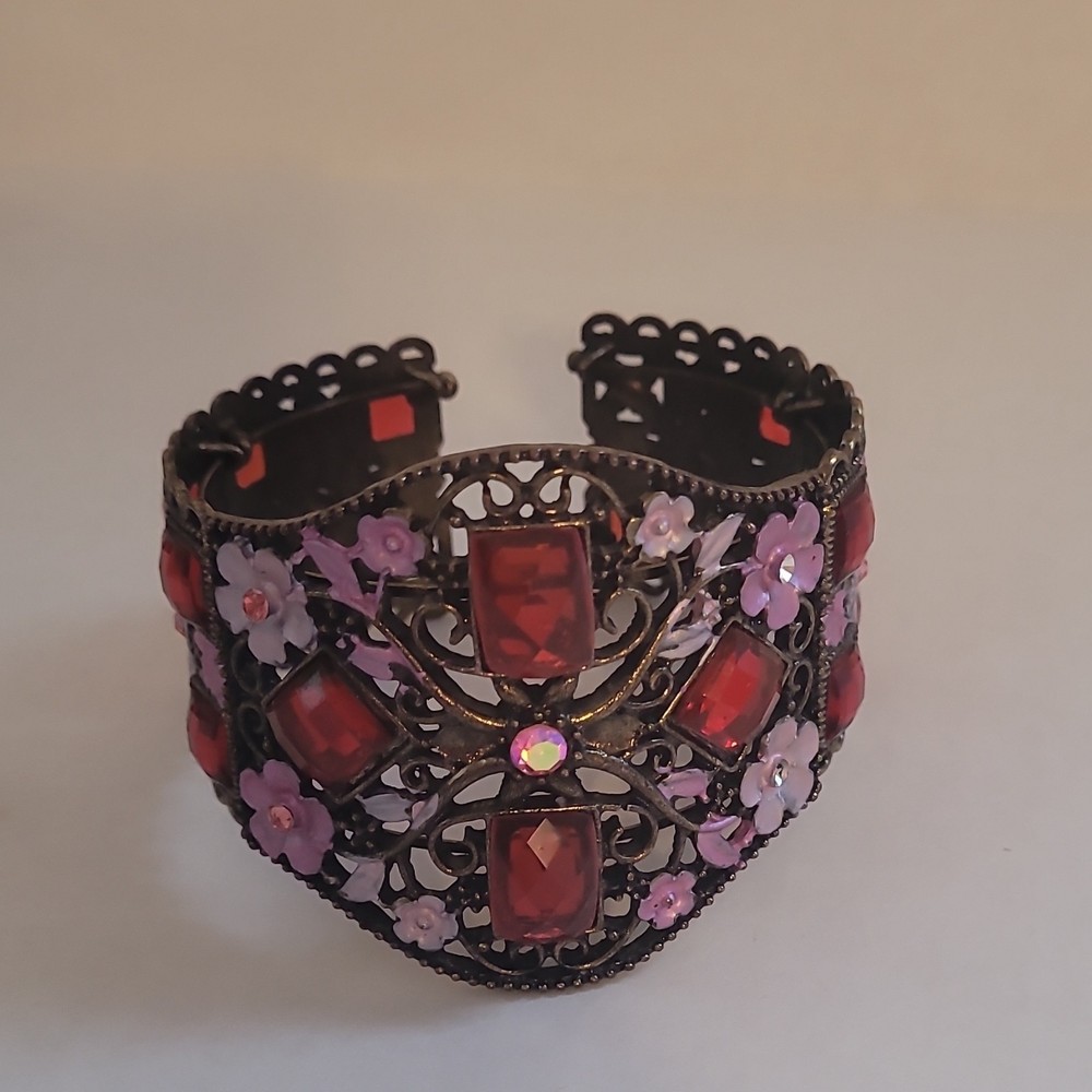 Vintage Style Wide Cuff Bracelet Bronze Tone Red Rhinestones Pink Floral