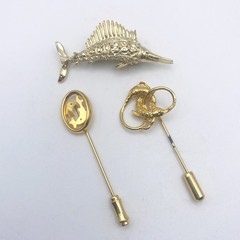 Lot of 3 Gold Tone Fish Lapel/Stick Pin Brooches – Gerry’s Swordfish + Fish