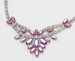 Vtg B. David Rhinestone Necklace Pink AB Red Clear Choker Signed Marquise