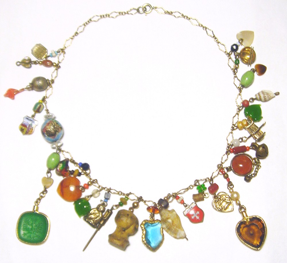 OOAK Sterling/Enamel/Gemstone MIXED MEDIA MULTI CHARM NECKLACE Gold Filled Chain