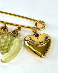 Juicy Couture Stamped Gold Tone Safety Pin Brooch Pin Fruit J Heart Charms Auth